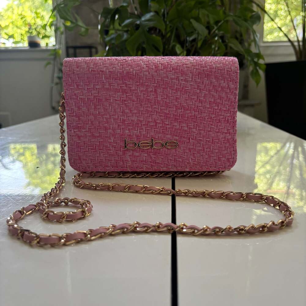 Bebe Pink Woven Straw Crossbody Wallet Bag